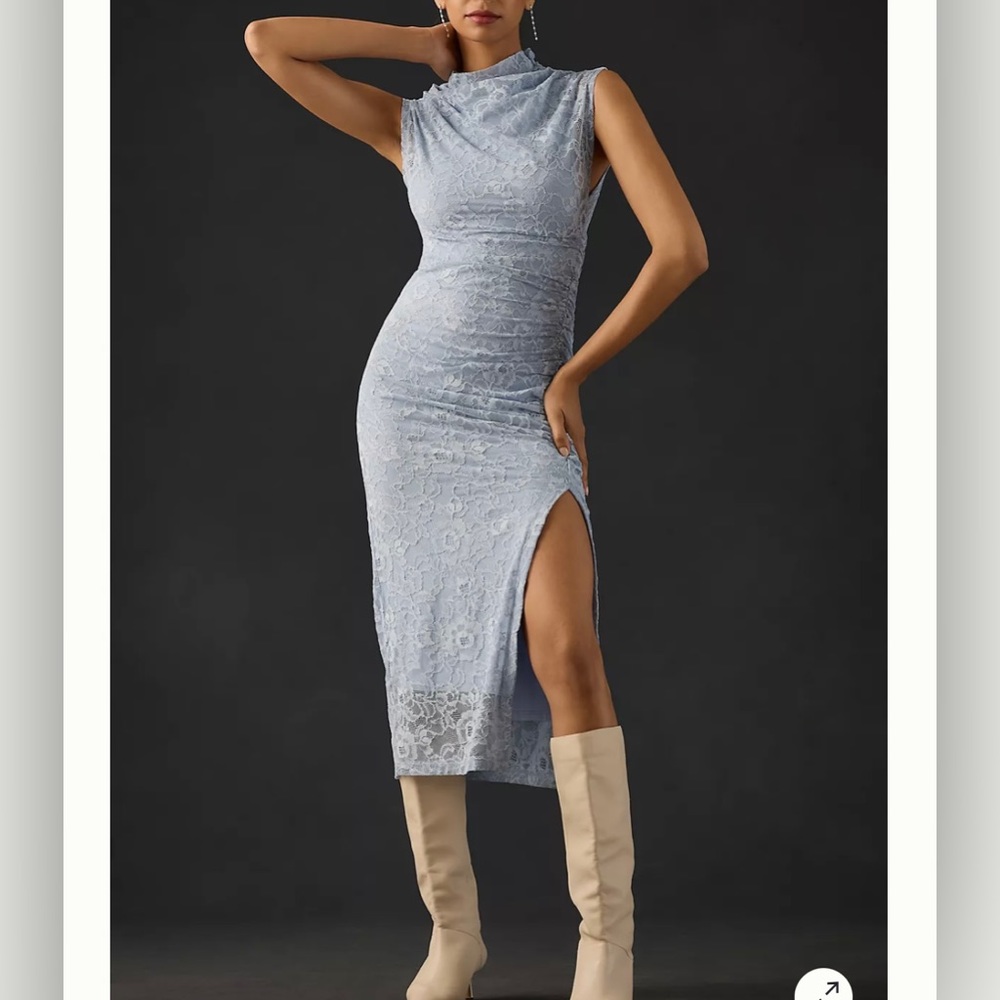 Anthropologie maya ruched cowl-neck dress. Light blue lace. Size small.